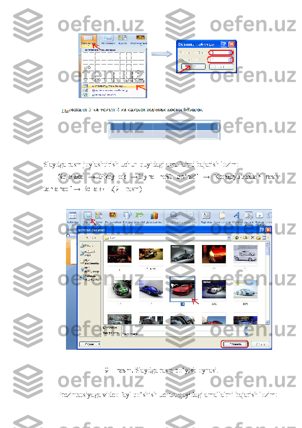 Slaydga rasm joylashtirish uchun quyidagi amallalrni bajarish lozim: 
Вставка   →   Рисунок   →Oyna   hosil   bo‘ladi   →   Kompyuterdan   rasm
tanlanadi →  Вставить (9 – rasm)
9 – rasm.  Slaydga rasm qo‘yish oynasi.
Prezintatsiyaga video fayl qo‘shish uchun quyidagi amallalrni bajarish lozim:  
