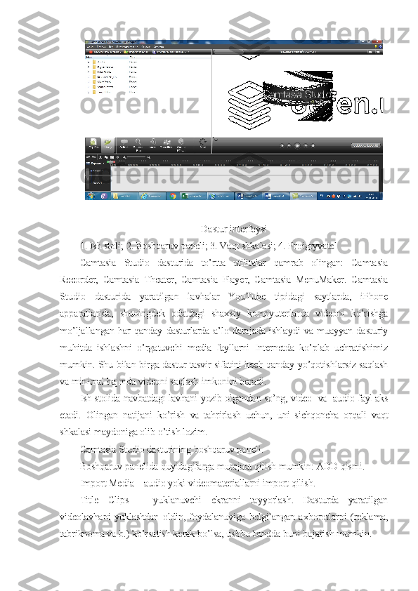 Dastur interfeysi
1. Ish stoli; 2. Boshqaruv paneli; 3. Vaqt shkalasi; 4. Proigryvatel
Camtasia   Studio   dasturida   to’rtta   utilitalar   qamrab   olingan:   Camtasia
Recorder,   Camtasia   Theater,   Camtasia   Player,   Camtasia   MenuMaker.   Camtasia
Studio   dasturida   yaratilgan   lavhalar   YouTube   tipidagi   saytlarda,   iPhone
apparatlarida,   shuningdek   odatdagi   shaxsiy   kompyuterlarda   videoni   ko’rishga
mo’ljallangan   har   qanday   dasturlarda   a’lo   darajada   ishlaydi   va   muayyan   dasturiy
muhitda   ishlashni   o’rgatuvchi   media   fayllarni   Internetda   ko’plab   uchratishimiz
mumkin. Shu bilan birga dastur tasvir sifatini hech qanday yo’qotishlarsiz saqlash
va minimal hajmda videoni saqlash imkonini beradi.
Ish  stolida   navbatdagi   lavhani   yozib  olgandan   so’ng, video    va    audio   fayl  aks
etadi.   Olingan   natijani   ko’rish   va   tahrirlash   uchun,   uni   sichqoncha   orqali   vaqt
shkalasi maydoniga olib o’tish lozim.
Camtasia Studio dasturining boshqaruv paneli.
Boshqaruv panelida quyidagilarga murojaat qilish mumkin: ADD qismi.
Import Media – audio yoki videomateriallarni import qilish.
Title   Clips   –   yuklanuvchi   ekranni   tayyorlash.   Dasturda   yaratilgan
videolavhani   yuklashdan   oldin,   foydalanuviga   belgilangan   axborotlarni   (reklama,
tabriknoma va b.) ko’rsatish kerak bo’lsa, ushbu bandda buni bajarish mumkin. 