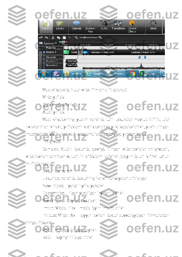 Vaqt shkalasida butun videofilm aniq   ifodalanadi.
Videoyo’lak.
Qo’shimcha   fishkalar.
Audioyo’lak.
Vaqt   shkalasining   yuqori   panelida   turli   uskunalar   mavjud   bo’lib,   ular
ovozlar  bilan ishlash, yo’laklarni kichiklashtirish  yoki  kattalashtirish,  yozib  olingan
materiallarni kesib olish  va  boshqa amallarni bajarishga yordam   beradi.
Proigrvatel.
Camtasia   Studio   dasturida   tasvirga   olingan   videolavhalar   proigrvateli,
videolavhani tahrirlash  va  turli hil effektlarni qo’shish jarayonida uni  ko’rish  uchun
mo’ljallangan.
Uskunlara   paneli.
Uskunlara panelida dasturning har xil  funksiyalari   to’plangan
New Project –  yangi  loyiha   yaratish.
Open  Project – ilgari  yaratilgan  loyihani   ochish.
Save Project – loyihani   saqlash.
Import  Media Files – media faylni import   qilish.
Produce   Video   As   –   tayyor   lavhani   dastur   quvvatlaydigan   formatlardan
biriga   o’tkazish.
Undo – oldinga holatga   qaytish.
Redo –  keyingi  holatga   o’tish. 