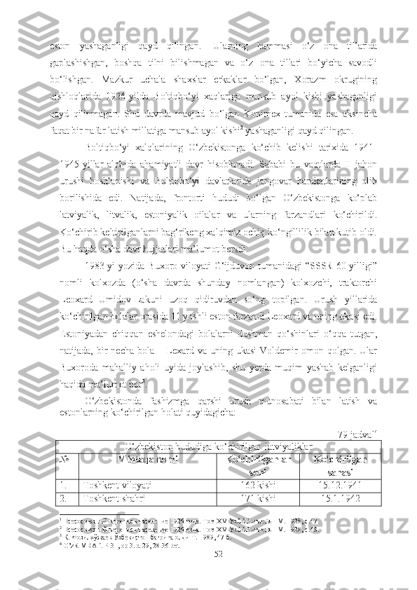 eston   yashaganligi   qayd   qilingan. 1
  Ularning   hammasi   o‘z   ona   tillarida
gaplashishgan,   boshqa   tilni   bilishmagan   va   o‘z   ona   tillari   bo‘yicha   savodli
bo‘lishgan.   Mazkur   uchala   shaxslar   erkaklar   bo‘lgan,   Xorazm   okrugining
qishloqlarida   1926-yilda   Boltiqbo‘yi   xaqlariga   mansub   ayol   kishi   yashaganligi
qayd   qilinmagan.   Shu   davrda   mavjud   bo‘lgan   Konimex   tumanida   esa   aksincha
faqat bir nafar latish millatiga mansub ayol kishi 2
 yashaganligi qayd qilingan.
Boltiqbo‘yi   xalqlarining   O‘zbekistonga   ko‘chib   kelishi   tarixida   1941-
1945-yillar   alohida   ahamiyatli   davr   hisoblanadi.   Sababi   bu   vaqtlarda   II   jahon
urushi   boshlanishi   va   Boltiqbo‘yi   davlatlarida   jangovar   harakatlarining   olib
borilishida   edi.   Natijada,   frontorti   hududi   bo‘lgan   O‘zbekistonga   ko‘plab
latviyalik,   litvalik,   estoniyalik   oilalar   va   ularning   farzandlari   ko‘chirildi.
Ko‘chirib keltirilganlarni bag‘rikeng xalqimiz ochiq ko‘ngillilik bilan kutib oldi.
Bu haqda o‘sha davr hujjatlari ma’lumot beradi.
1983-yi  yozida  Buxoro viloyati  G‘ijduvon tumanidagi  “SSSR 60 yilligi”
nomli   kolxozda   (o‘sha   davrda   shunday   nomlangan)   kolxozchi,   traktorchi
Leoxard   Umidov-Lakuni   uzoq   qidiruvdan   so‘ng   topilgan.   Urush   yillarida
ko‘chirilgan bolalar orasida 11 yoshli eston farzandi Leoxard va uning ukasi edi.
Estoniyadan   chiqqan   eshelondagi   bolalarni   dushman   qo‘shinlari   o‘qqa   tutgan,
natijada,  bir   necha  bola  –  Lexard  va  uning  ukasi  Voldemir   omon  qolgan.  Ular
Buxoroda   mahalliy   aholi   uyida   joylashib,   shu   yerda   muqim   yashab   kelganligi
haqida ma’lumot bor 3
.
O‘zbekistonda   fashizmga   qarshi   urush   munosabati   bilan   latish   va
estonlarning ko‘chirilgan holati quyidagicha:
79-jadval 4
O‘zbekiston hududiga ko‘chirilgan latviyaliklar
№ Mintaqa nomi Ko‘chirilganlar
soni Ko‘chirilgan
sanasi
1. Toshkent viloyati 162 kishi 15.12.1941
2. Toshkent shahri 171 kishi 15.1.1942
1
  Bcecoc оюзный перепись население 1926 года. Том Х V  УзССР отдель  I  М.-1928, с. 47.
2
  Bcecoc оюзный перепись население 1926 года. Том Х V  УзССР отдель  I  М.-1928, с. 48.
3
  К. Фозилхўжаев Ўзбекистон бағрига олди Т.-1989, 47-б.
4
  O’zR MDA f. P-31, op 3. d 29, 28-36-bet
52 