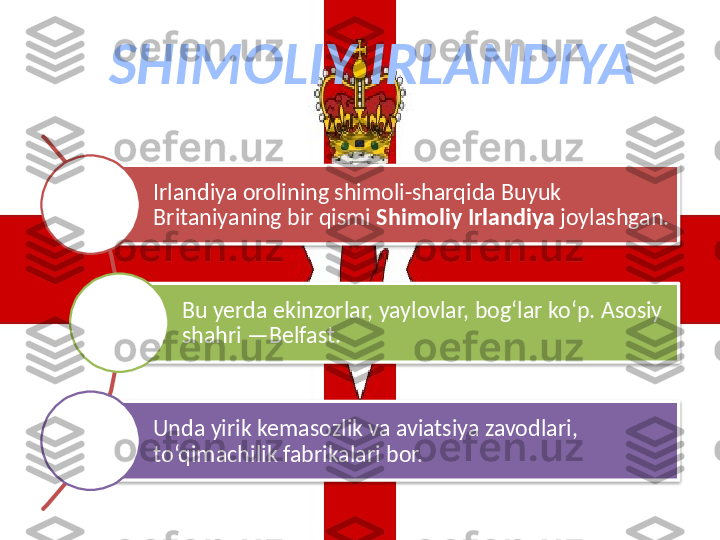 SHIMOLIY IRLANDIYA
Irlandiya orolining shimoli-sharqida Buyuk 
Britaniyaning bir qismi  Shimoliy Irlandiya  joylashgan. 
Bu yerda ekinzorlar, yaylovlar, bog‘lar ko‘p. Asosiy 
shahri  — Belfast. 
Unda yirik kemasozlik va aviatsiya zavodlari, 
to‘qimachilik fabrikalari bor.    