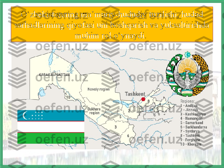 O‘zbеkistоnning mа’muriy-hududiy tuzilishi, hudud 
sаrhаdlаrining qiyofаsi uni bоshqаrish vа yuksаltirishdа 
muhim rоl o‘ynаydi.    