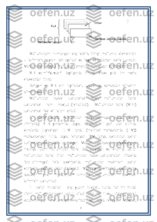 Ma’lumotlarni  nomlangan   eng   kichik   birligi   ma’lumot  elementidir.
U  ko‘pincha maydon  deb  aytiladi  va  bayt  va  bitlardan  tashki l  topadi.
Ma’lumotlar  agregati  ma’lumot elementini  nomlangan  to‘plamidir.
MB     administratori     deyilganda     birorta     shaxs     yoki     bir     necha
shaxslardan  iborat 
Bo‘lgan   va   MB   sini   loyihalash,   uzatish   va   samarador   ishlashini
ta’minlovchidir.
Ma’lumotlar     bazasi     tushunchasi     bilan     ma’lumotlar     banki
tushunchasi     ham     mavjud   (ishlatiladi).     Ma’lumotlar   banki   (MBn)
tushunchasi  ikki  xil  talqin  etiladi.
1.     Hozirgi     kunda     ma’lumotlar     markazlashmagan     holda     (ishchi
o‘rinlarda)     SHK   yordamida     qayta     ishlanadi.     Il   gari     ular     alohida
xonalarda     joylashgan     EHM     larda     (hisoblash   markazlarida     (HM))
markazlashgan     holda     qayta     ishlangan.     XM     lariga     axborotlar     tashqi
qurilmalar  orqali  kelib  to„plangan.  Ma’lumotlar  bazasi  markazlashgani
hisobiga     ularni   ma’lumotlar     banki     deb     atashgan     va     shuning     uchun
ma’lumotlar     banki     bilan     ma lumotlar     bazasi   tushunchalari     o‘rtasida‟
farq   qilinmaydi.   Fizik     tasvirlashda     ma’lumotlar     mashinani     tashqi
xotirasida     saqlashi    bilan  farqlanadi.   Mantiqiy     tasvirlashda   esa    amaliy
dasturchi     yoki     foydalanuchi   tomonidan   ma’lumotlarni     tasvirlash
ko‘rinishi  tushuniladi.
1.   Tashqi    modellar   –   eng   yuqori   bosqich,   bunda   har   bir   model
o‘zini     ma’lumotlar   tasvir     qabul     qiladi.     Har     bir     ilova,     o‘ziga     kerakli
zarur     bo‘lgan     ma’lumotlarni     ko‘radi     va     qayta   ishlaydi.     Masalan,
15 