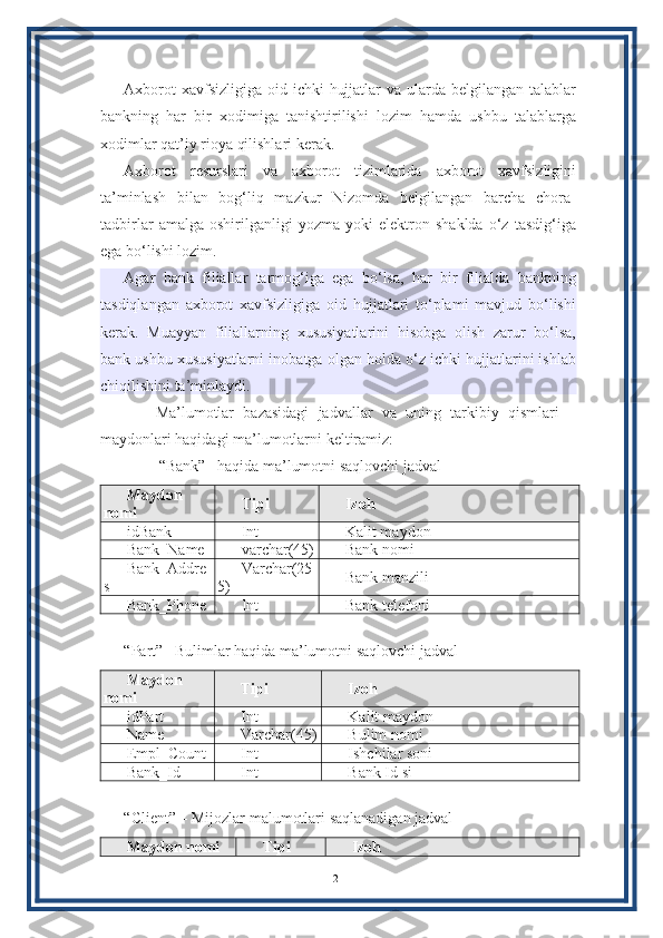 Axborot  xavfsizligiga oid ichki  hujjatlar  va ularda belgilangan talablar
bankning   har   bir   xodimiga   tanishtirilishi   lozim   hamda   ushbu   talablarga
xodimlar qat’iy rioya qilishlari kerak.
Axborot   resurslari   va   axborot   tizimlarida   axborot   xavfsizligini
ta’minlash   bilan   bog‘liq   mazkur   Nizomda   belgilangan   barcha   chora-
tadbirlar   amalga   oshirilganligi   yozma   yoki   elektron   shaklda   o‘z   tasdig‘iga
ega bo‘lishi lozim.
Agar   bank   filiallar   tarmog‘iga   ega   bo‘lsa,   har   bir   filialda   bankning
tasdiqlangan   axborot   xavfsizligiga   oid   hujjatlari   to‘plami   mavjud   bo‘lishi
kerak.   Muayyan   filiallarning   xususiyatlarini   hisobga   olish   zarur   bo‘lsa,
bank ushbu xususiyatlarni inobatga olgan holda o‘z ichki hujjatlarini ishlab
chiqilishini ta’minlaydi.
            Ma’lumotlar   bazasidagi   jadvallar   va   uning   tarkibiy   qismlari   –
maydonlari haqidagi ma’lumotlarni keltiramiz:
               “Bank” –haqida ma’lumotni saqlovchi jadval
Maydon
nomi Tipi Izoh
idBank   Int Kalit maydon
Bank_Name varchar(45) Bank nomi
Bank_Addre
s Varchar(25
5) Bank manzili
Bank_Phone Int Bank telefoni
“Part” –Bulimlar haqida ma’lumotni saqlovchi jadval 
Maydon
nomi Tipi Izoh
idPart Int Kalit maydon
Name Varchar(45) Bulim nomi
Empl_Count Int Ishchilar soni
Bank_Id Int Bank Id si
“Client” – Mijozlar malumotlari saqlanadigan jadval
Maydon nomi Tipi Izoh
21 