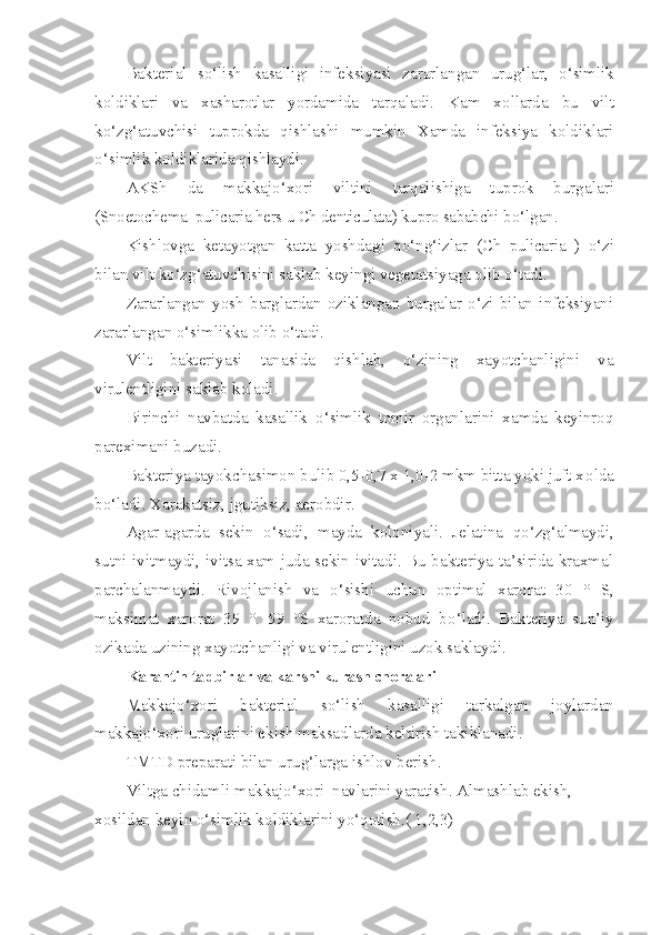 Bakterial   s o‘ lish   kasalligi   infeksiyasi   zararlangan   uru g‘ lar,   o‘ simlik
koldiklari   va   xasharotlar   yordamida   tar q aladi.   Kam   x o llarda   bu   vilt
k o‘ z g‘ atuvchisi   tuprokda   q ishlashi   mumkin   Xamda   infeksiya   koldiklari
o‘ simlik k o ldiklarida  q ishlaydi.
AKSh   da   makkajo‘xori   viltini   tarqalishiga   tuprok   burgala ri
(Snoetochema  pulicaria hers u Ch denticulata) kupro sababchi  bo‘lgan.
Kishlovga   ketayotgan   katta   yoshdagi   qo‘ng‘izlar   ( Ch   pulicaria   )   o‘zi
bilan vilt ko‘zg‘atuvchisini saklab keyingi vegetatsiyaga olib o‘tadi.
Zararlangan   yosh   barglardan   oziklangan   burgalar   o‘zi   bilan   infeksiyani
zararlangan o‘simlikka olib o‘tadi.
Vilt   bakteriyasi   tanasida   qishlab,   o‘zining   xayotchanligini   va
virulentligini saklab koladi.
Birinchi   navbatda   kasallik   o‘ simlik   tomir   organlarini   xamda   keyinro q
pareximani buzadi.
Bakteriya tayokchasimon bulib 0,5-0,7 x 1,0-2 mkm bitta yoki juft x o lda
b o‘ ladi. Xarakatsiz, jgutiksiz, aerobdir.
Agar-agarda   sekin   o‘ sadi,   mayda   koloniyali.   Jelatina   qo‘ z g‘ almaydi,
sutni ivitmaydi, ivitsa xam juda sekin ivitadi. Bu bakteriya ta’sirida kraxmal
parchalanmaydi.   Rivojlanish   va   o‘ sishi   uchun   optimal   xarorat   30   °   S,
maksimat   xarorat   39   °.   59   °S   xaroratda   nobud   b o‘ ladi.   Bakteriya   sun’iy
ozikada uzining xayotchanligi va virulentligini uzok saklaydi.
Karantin tadbirlar va k a rshi kurash choralari
Makkajo‘xori   bakterial   s o‘ lish   kasalligi   tarkalgan   joylar dan
makkajo‘xori uruglarini ekish maksadlarda keltirish takiklanadi.
TMTD preparati bilan uru g‘ larga ishlov berish.
Viltga chidamli  makkajo‘xori   navlarini yaratish. Almashlab ekish, 
x o sildan keyin o‘simlik k o ldik l arini y o‘qo tish.( 1,2,3) 