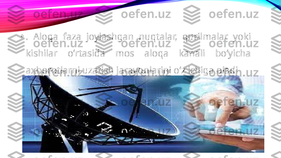 •
.  Aloqa  faza  joylashgan  nuqtalar,  qurilmalar  yoki 
kishilar  oʻrtasida  mos  aloqa  kanali  boʻyicha 
axborotlarni uzatish jarayonlarini oʻz ichiga oladi 