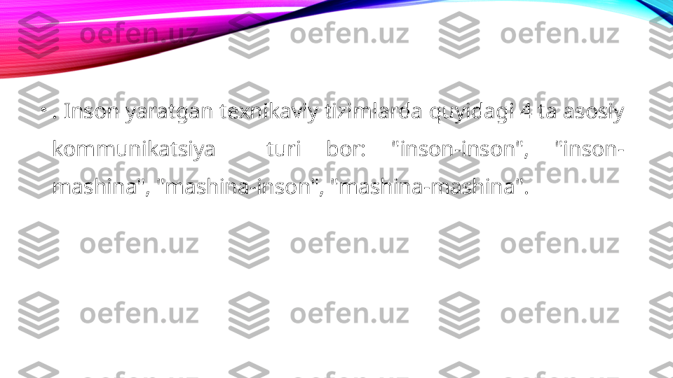 •
. Inson yaratgan texnikaviy tizimlarda quyidagi 4 ta asosiy 
kommunikatsiya    turi  bor:  "inson-inson",  "inson-
mashina", "mashina-inson", "mashina-mashina".  