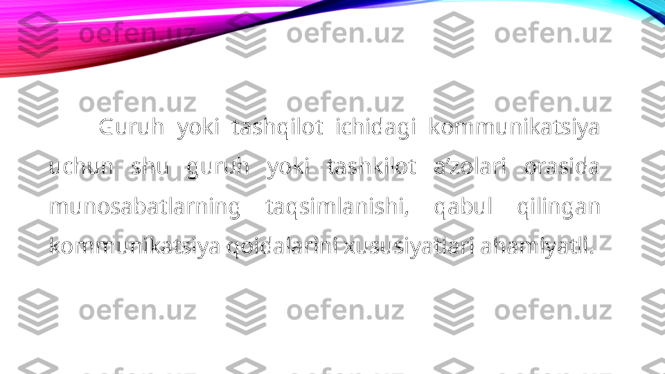 Guruh  yoki  tashqilot  ichidagi  kommunikatsiya 
uchun  shu  guruh  yoki  tashkilot  aʼzolari  orasida 
munosabatlarning  taqsimlanishi,  qabul  qilingan 
kommunikatsiya qoidalarini xususiyatlari ahamiyatli. 