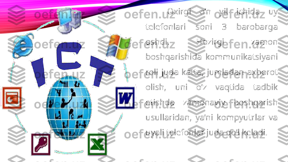 Oxirgi  o’n  yil  ichida  uy 
telefonlari  soni  3  barobarga 
oshdi.  Hozirgi  zamon  
boshqarishida  kommunikatsiyani 
roli  juda  katta,  jumladan  axborot 
olish,  uni  o’z  vaqtida  tadbik 
etishda  zamonaviy  boshqarish 
usullaridan,  ya’ni  kompyutrlar  va 
uyali telefonlar juda qo’l keladi . 