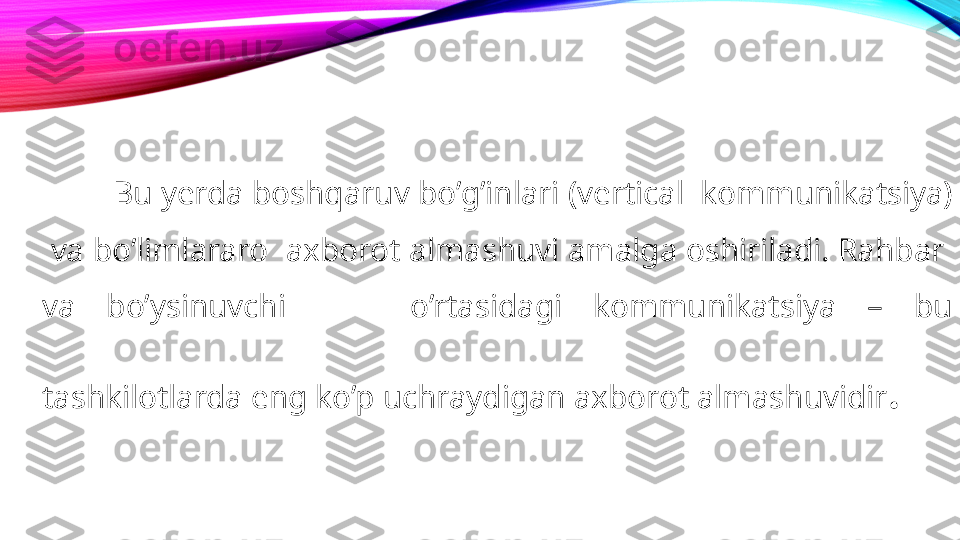 Bu yerda boshqaruv bo’g’inlari (vertical  kommunikatsiya) 
 va bo’limlararo  axborot almashuvi amalga oshiriladi. Rahbar  
va  bo’ysinuvchi        o’rtasidagi  kommunikatsiya  –  bu 
tashkilotlarda eng ko’p uchraydigan axborot almashuvidir .  