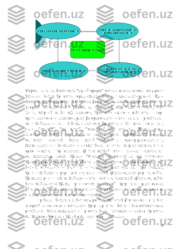 Ақлий	ҳужум	методи	
Муаммоли	савол	берилади	Фикр	ва	ғоялар	ечилади	ва	жамлаб	олинади	
Фикр	ва	ғоялар	гуруҳланади	Якуний	аниқ	ва	тўғри	жавоблар	танланадиУмуман олганда Америкача “ақлий ҳужум” методи ҳақида қисман маълумот
берилди.   Бироқ   бу   метод   муаллифлари   бизнинг   аждодларимиздир .   Ҳали
Америка кашф этилмаган бир даврда ўз ақл машъаласи билан дунёни ёритган
қомусий   олимларимизни   (Аҳмад   ал   Фарғоний,   Абу   Наср   Форобий,   Ибн
Сино,   Беруний   ва   бошқа)   оласизми,   йўки   етти   иқлимни   забт   этган   шоҳу-
султонларимизни оласизми, улар ўз муаммоларини ечишда ана шу методдан
кенг   фойдаланишган.   Бобокалонларимиз   бу   методни   бошқача   номлашган,
яъни:   “ кенгаш”,   “ машварат”,   “маслаҳат”   деб   аташган.   Мисол   учун,
Соҳибқирон   Амир   Темур   салтанат   олдида   турган   муаммоларни   ечишда
машварат   чақириб   барча   сарой   аҳлининг,   вазиру-уламоларнинг,
фарзандларининг   фикрларини   диққат   билан   эшитган   ва   улар   асосида   ягона
ҳукм   чиқарган.   Бу   ҳолатлар   кўпроқ   ҳарбий   юриш   олдидан   чақирилган
машваратларда   намаён   бўлади.   “Агар   (ғаним   устига)   лашкар   тортмоқчи
бўлсам, уруш-ярашдан ўртага сўз ташлаб, амирларимнинг бу икковидан қай
бирига   мойиллигини   билишга   интилардим.   Агар   ярашдан   сўз   очсалар,
бунинг   фойдасини   уруш   зиёнига   солиштириб  кўрардим,   агар   урушга   мойил
бўлсалар, унинг наф ва фойдасини яраш зиёнига таққослаб кўрардим, қайси
бири   фойдалироқ   бўлса,   шуни   ихтиёр   қилардим”.   Бугун   ана   шулар   ҳақида
ўйга толиб, “ғарб шарқдан ўрганганлигига юз фоиз ишонч ҳосил қиламиз ва
яна бир карра яратганга иймон келтирамиз.
Шу  билан бирага   яна  бир маълумотни келтириб  ўтмоқчиман. Яна  бир
қомусий   олимлимизни   методлари   бутун   дунё   тан   берган.   Биз   метематикада
учрайдиган барча масалаларни шу метод билан натижасини оламиз. Бу метод
Ал Хоразмий методи  бўлиб у  Алгоритмлаш  дейилади.
12 