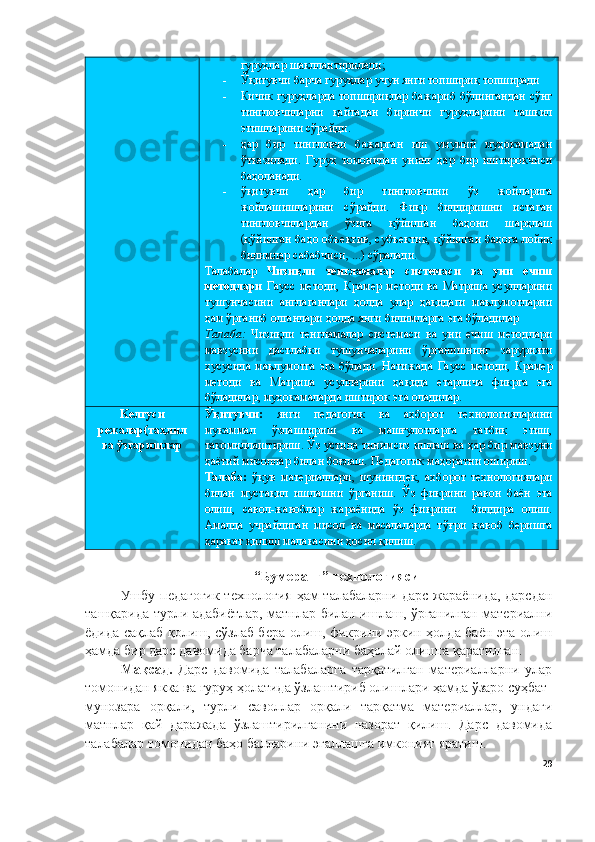 гуруҳлар шакллантирилади;
- Ўқитувчи барча гуруҳлар учун янги топшириқ топширади
- Кичик  гуруҳларда   топшириқлар  бажариб   бўлингандан   сўнг
тингловчиларни   қайтадан   биринчи   гуруҳларини   ташкил
этишларини сўрайди.
- ҳар   бир   тингловчи   бажарган   иш   умумий   муҳокамадан
ўтказилади.   Гуруҳ   томонидан   унинг   ҳар   бир   иштирокчиси
баҳоланади.
- ўқитувчи   ҳар   бир   тингловчини   ўз   жойларига
жойлашишларини   сўрайди.   Фикр   билдиришни   истаган
тингловчилардан   ўзига   қўйилган   баҳони   шарҳлаш
(қўйилган баҳо объектив, субъектив, қўйилган баҳога лойиқ
билимлар сабабчиси, ...) сўралади.
Талабалар   Чизиқли   тенгламалар   системаси   ва   уни   ечиш
методлари   Гаусс   методи,   Крамер   методи   ва   Матрица   усулларини
тушунчасини   англаганлари   ҳолда   улар   ҳақидаги   маълумотларни
ҳам ўрганиб олганлари ҳолда янги билимларга эга бўладилар 
Tалаба:   Чизиқли   тенгламалар   системаси   ва   уни   ечиш   методлари
мавзусини   дастлабки   тушунчаларини   ўрганишнинг   зарурияти
хусусида  маълумотга   эга бўлади.  Натижада   Гаусс  методи,   Крамер
методи   ва   Матрица   усулларини   ҳақида   етарлича   фикрга   эга
бўладилар, муҳокамаларда иштирок эта оладилар. 
Keлгуси
режалар(таҳлил
ва ўзгаришлар Ўқитувчи:   янги   педагогик   ва   ахборот   технологияларини
мукаммал   ўзлаштириш   ва   машғулотларга   татбиқ   этиш,
такомиллаштириш. Ўз устида тинимсиз ишлаш ва ҳар бир мавзуни
ҳаётий мисоллар билан боғлаш. Педагогик маҳоратни ошириш. 
Taлаба:   ўқув   материаллари,   шунингдек,   ахборот   технологиялари
билан   мустақил   ишлашни   ўрганиш.   Ўз   фикрини   равон   баён   эта
олиш,   савол-жавоблар   жараёнида   ўз   фикрини     билдира   олиш.
Aмалда   учрайдиган   мисол   ва   масалаларда   тўғри   жавоб   беришга
ҳаракат қилиш малакасини ҳосил қилиш.
“Бумеранг” технологияси
Ушбу педагогик технология ҳам талабаларни дарс жараёнида, дарсдан
ташқарида турли адабиётлар, матнлар билан ишлаш, ўрганилган материални
ёдида сақлаб қолиш, сўзлаб бера олиш, фикрини эркин ҳолда баён эта олиш
ҳамда бир дарс давомида барча талабаларни баҳолай олишга қаратилган.
Мақсад.   Дарс   давомида   талабаларга   тарқатилган   материалларни   улар
томонидан якка ва гуруҳ ҳолатида ўзлаштириб олишлари ҳамда ўзаро суҳбат-
мунозара   орқали,   турли   саволлар   орқали   тарқатма   материаллар,   ундаги
матнлар   қай   даражада   ўзлаштирилганини   назорат   қилиш.   Дарс   давомида
талабалар томонидан баҳо балларини эгаллашга имконият яратиш.
29 