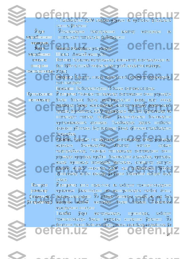 -   Талабаларни   ДДМ   лардан   унумли   ва   мустақил   фойдалана
олишга ўргатиш.
Ўқув
жараёнининг
мазмуни  Ўтилганларни   такрорлашни   кластер   методидан   ва
ностандарт тестлардан фойдаланиш
Ў қ ув
жараёнини
амалга
ошириш
технологияси Метод:  Интерфаол услублари.
Шакл:    Амалий машғулот
Восита:  Тарқатма материаллар, компьютер воситаларидан ва 
фан бўйича ишлаб чиқилган дастурий-дидактик мажмуа.
Усул:       
Назорат:  Кластер, оғзаки савол-жавоб, компютер ёрдамидаги
тест назорати
Ба ҳ олаш : Ра ғ батлантириш 15 балли система асосида.
Кутиладиган
натижалар Ўқитувчи:  Чизиқли тенгламалар системасини ечиш усуллари
билан   боғлиқ   барча   маълумотларни   қисқа   вақт   ичида
талабалар   билан   ҳамкорликда   кластер   методи,   савол-жавоб
орқали, шунингдек, ДДМ ёрдамидаги образли кўргазмалар ва
ностандарт   тестлар   орқали     ўзлаштирилган   билимларни
мустаҳкамлашга   эришади.   Талабаларда   дарсга   нисбатан
қизиқиш уйғотади. Бир вақтнинг ўзида кўпчилик талабаларни
баҳолайди. 
Талаба:   Чизиқли   тенгламалар   системасини   ечиш   усуллари
ҳақидаги   билимларини   Кластер   методи   орқали
такрорлайдилар;   Чизиқли   тенгламалар   системасини   ечиш
усуллари хусусида муайян   билимларни эгаллайди, мустақил
ҳолда   мушоҳада   юритишга   интилади,   компютер   дастури
ёрдами   ишлаб   чиқилган   ДДМ   дан   фойдаланиш   бўйича
кўникмалар   ҳосил   қилади,   ўз-ўзини   билимини   назорат   қила
олади.
Келгуси
режалар
(та ҳ лил ва
ўзгаришлар) Ўқитувчи:   янги   педагогик   ва   ахборот   технологияларини
мукаммал   ўзлаштириш   ва   машғулотларга   татбиқ   этиш,
такомиллаштириш.   Ўз   устида   тинимсиз   ишлаш   ва   ҳ ар   бир
мавзуни   ҳ аётий   мисоллар   билан   бо ғ лаш.   Педагогик
маҳоратини ошириш. 
Талаба:   ўқув   материаллари,   шунингдек,   ахборот
технологиялари   билан   мустақил   ишлашни   ўрганиш.   Ўз
фикрини  равон  баён   эта  олиш,  савол  жавоблар  жараёнида   ўз
64 