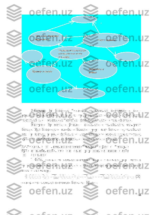 2-босқич.   Бу   босқичда   “Чизиқли   тенгламалар   системасини   ечиш
усуллар” модули бўйича ўрганилган тушунчаларларни ёдга солиш, бир карра
такрорлаб олиш мақсадида “кейс”дан фойдаланишларини таклиф этади. 
Ўқитувчи   бу   методни   ўтказиш   қоидаларини   талабаларга   маълумот
беради.   Ҳар   босқичдаги   вазифани   бажариш   учун   вақт   берилиши,   талабалар
эса   шу   вақтдан   унумли   фойдаланишлари   кераклиги   ҳақида   огоҳлантиради,
қўйилган вазифа якка ҳолда бажарилиши кераклигини айтади.
2.4.“ Чизиқли тенгламалар системаси” модулини ўқитиш ” модули 
бўйича талабалар билимини аниқлаш учун оралиқ назорати кейс 
топшириқлари
1-Кейс.   Чизиқли   тенгламалар   системаси   ва   унинг   ечимлари   учун   матрица
тушунчаси   муҳим   аҳамиятга   эга   эканлигини   кўрдик.   Мазкур   тушунчалар   орасида   узвий
боғланишлар мавжуд. 
(5)
чизиқли тенгламалар системаси берилган бўлсин.
66 