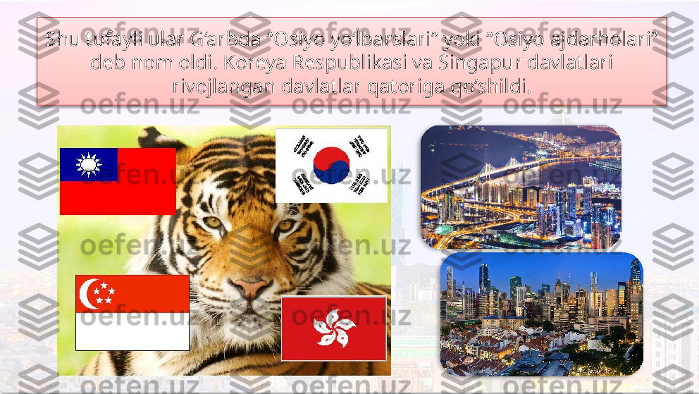 Shu tufayli ular G‘arbda “Osiyo yo‘lbarslari” yoki “Osiyo ajdarholari” 
deb nom oldi. Koreya Respublikasi va Singapur davlatlari 
rivojlangan davlatlar qatoriga qo‘shildi.     