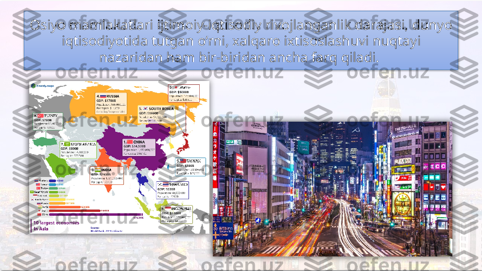 Osiyo mamlakatlari ijtimoiy-iqtisodiy rivojlanganlik darajasi, dunyo 
iqtisodiyotida  tutgan o‘rni, xalqaro ixtisoslashuvi nuqtayi 
nazaridan ham bir-biridan  ancha farq qiladi.      