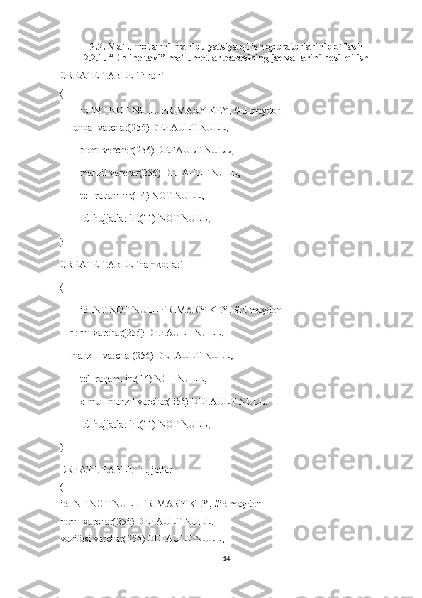 2.2. Ma’lumotlarni manipulyatsiya qilish operatorlarini qo’llash
2.2.1. “Online taxi” ma’lumotlar bazasining jadvallarini hosil qilish
CREATE TABLE `filiali`
(
id INT NOT NULL PRIMARY KEY, #id maydon
     rahbar varchar(256)  DEFAULT NULL ,
nomi varchar(256)  DEFAULT NULL ,
manzil varchar(256)  DEFAULT NULL ,
tel_raqam int(14) NOT NULL,
Id_hujjatlar int(11) NOT NULL;
) 
CREATE TABLE `hamkorlar`
(
id INT NOT NULL PRIMARY KEY, #id maydon
    nomi varchar(256) DEFAULT NULL,
     manzili varchar(256)  DEFAULT NULL ,
tel_raqami int(14) NOT NULL,
e-mail manzil varchar(256)  DEFAULT NULL ,
Id_hujjatlar int(11) NOT NULL;
) 
CREATE TABLE `hujjatlar`
(
id INT NOT NULL PRIMARY KEY, #id maydon
nomi varchar(256)  DEFAULT NULL ,
vazifasi varchar(256)  DEFAULT NULL ,
14 