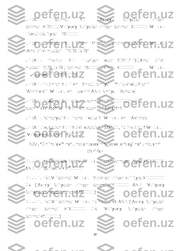 UPDATE   `daromat`   SET   `Asosiy   faoliyatdan   olingan
daromat`=8023000,`Moliyaviy   faoliyatdan   olingan   daromat`=50000000   WHERE
`Favqulotda foyda` = 35000000
UPDATE   `hisobot`   SET   `Kirim`='64000000',`Chiqim`='50000000'   WHERE
`Amal qilish muddati` = ‘2025-09-25’
UPDATE   `hisobot`   SET   `Tuzilgan   vaqti`='2023-04-15',`Amal   qilish
muddati`='2025-09-25',`Daromat`=35000000,`Kirim`=80000000   WHERE
`Tuzilgan vaqti` = '2023-01-25'
UPDATE `hodimlar` SET `Ism`='Snnat',`Familya` ="Yo'ldoshev",`Sharif`= 
"Abrorovich"  WHERE Ism = 'Javohir' AND Familya = 'Samatov'
UPDATE `o'tkazma` SET `o'tkazma summasi`='300000000',`hisob 
raqam`='77748556' WHERE `hisob raqam` = '147483642'
UPDATE `rahbariyat` SET `name`='[value-2]' WHERE Ism = 'Asrorbek'
UPDATE `xarajatlar` SET `Sotish xarajatlar`= 5554000, `id_hisobot`=6 WHERE  
`Moliyaviy xarajatlar` = 69000000
2.2.4.  “Online taxi” ma’lumotlar bazasining jadvallaridagi ma’lumotlarni
o’chirish
DELETE   FROM   `aktiv   balans`   WHERE   `Taqsimlanmagan   foyda`>600000000
AND `Olingan avans`< 74000000
DELETE   FROM   `daromat`   WHERE     `Sotishdan   olingan   sof   foyda`>100000000
OR   (`Asosiy   faoliyatdan   olingan   daromat`>460000000   AND   `Moliyaviy
faoliyatdan olingan daromat`>577000000)
DELETE   FROM   `daromat`   WHERE   `id_hisobot`>5   AND   (`Asosiy   faoliyatdan
olingan   daromat`   >150000000   OR   `Moliyaviy   faoliyatdan   olingan
daromat`<60000000)
19 