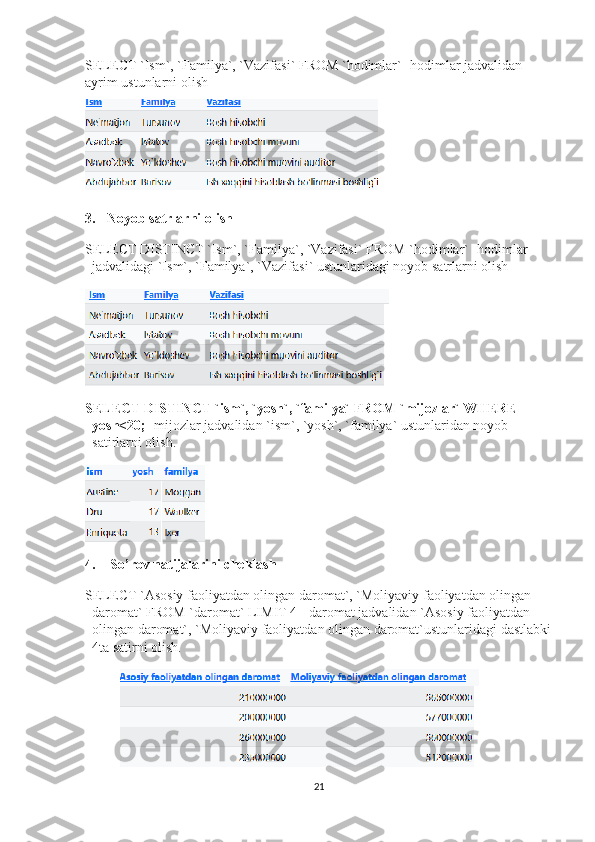 SELECT `Ism`, `Familya`, `Vazifasi` FROM `hodimlar` -hodimlar jadvalidan 
ayrim ustunlarni olish
3. Noyob satrlarni olish
SELECT DISTINCT `Ism`, `Familya`, `Vazifasi` FROM `hodimlar` -hodimlar 
jadvalidagi `Ism`, `Familya`, `Vazifasi`  ustunlaridagi noyob satrlarni olish
SELECT DISTINCT `ism`, `yosh`, `familya` FROM `mijozlar` WHERE 
yosh<20;  -mijozlar jadvalidan `ism`, `yosh`, `familya` ustunlaridan noyob 
satirlarni olish.
4.  So’rov natijalarini cheklash
SELECT `Asosiy faoliyatdan olingan daromat`, `Moliyaviy faoliyatdan olingan 
daromat` FROM `daromat` LIMIT 4  -daromat jadvalidan `Asosiy faoliyatdan 
olingan daromat`, `Moliyaviy faoliyatdan olingan daromat`ustunlaridagi dastlabki
4ta satirni olish.
21 