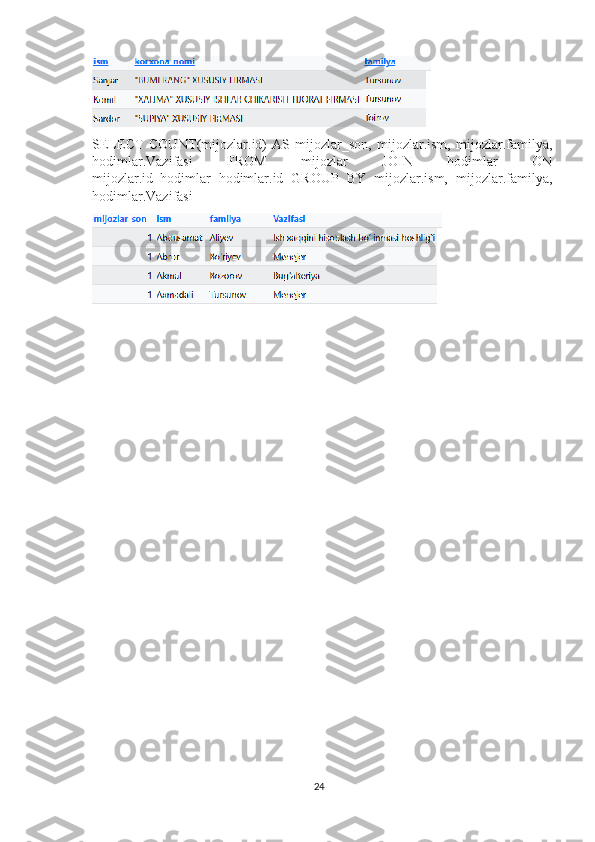 SELECT   COUNT(mijozlar.id)   AS   mijozlar_son,   mijozlar.ism,   mijozlar.familya,
hodimlar.Vazifasi   FROM   mijozlar   JOIN   hodimlar   ON
mijozlar.id_hodimlar=hodimlar.id   GROUP   BY   mijozlar.ism,   mijozlar.familya,
hodimlar.Vazifasi
24 