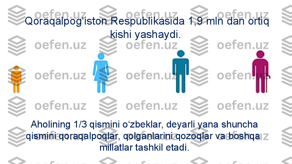 Qoraqalpog‘iston Respublikasida 1,9 mln dan ortiq 
kishi  yashaydi. 
Aholining 1/3 qismini  o‘zbeklar, deyarli yana shuncha 
qismini qoraqalpoqlar, qolganlarini qozoqlar va boshqa  
millatlar tashkil etadi. 