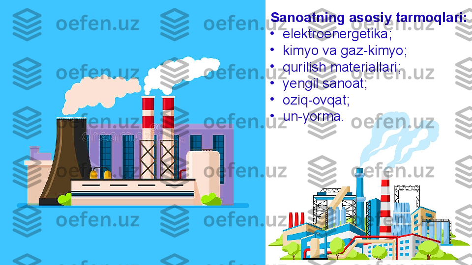 Sanoatning asosiy tarmoqlari:
•
elektroenergetika; 
•
kimyo va gaz-kimyo;
•
qurilish materiallari;
•
yengil sanoat;
•
oziq-ovqat;
•
un-yorma. 