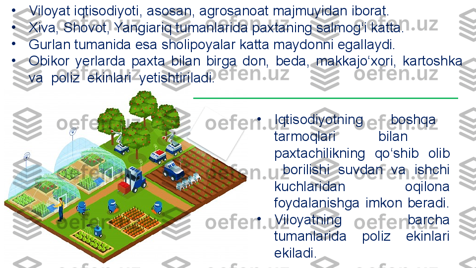 •
Viloyat iqtisodiyoti , asosan, agrosanoat majmuyidan iborat. 
•
Xiva, Shovot, Yangiariq tumanlarida paxtaning salmog‘i katta. 
•
Gurlan tumanida esa sholipoyalar katta maydonni egallaydi.
•
Obikor  yerlarda  paxta  bilan  birga  don,  beda,  makkajo‘xori,  kartoshka 
va  poliz  ekinlari  yetishtiriladi. 
•
Iqtisodiyotning    boshqa   
tarmoqlari  bilan   
paxtachilikning    qo‘shib    olib 
  borilishi   suvdan  va  ishchi 
kuchlaridan  oqilona 
foydalanishga  imkon  beradi. 
•
Viloyatning  barcha 
tumanlarida  poliz  ekinlari 
ekiladi.   