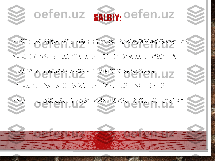 SALBIY:
•
1. KONFLIKTDA ISHTIROK ETISHNING KATTA HISSIY VA MODDIY XARAJATLARI.
•
2. XODIMLARNI ISHDAN BO'SHATISH, INTIZOM DARAJASINI PASAYTIRISH. 
JAMOADA IJTIMOIY-PSIXOLOGIK IQLIMNING YOMONLASHISHI.
•
3. MAG'LUBIYATGA UCHRAGAN GURUHLARNI DUSHMAN DEB BILISH.
•
4. ISHBILARMONLIK MUNOSABATLARINI TIKLASH QIYINLIGI (“MOJARO IZI”)  