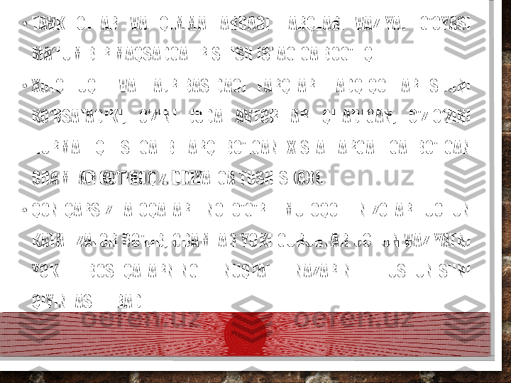 •
TAVKILOTLAR  VA  QIMMATLARDAGI  FARQLAR.  VAZIYAT  G'OYASI 
MA'LUM BIR MAQSADGA ERISHISH ISTAGIGA BOG'LIQ.
•
XULQ-TUQTI  VA  TAJRIBASIDAGI  FARQLAR.  TADQIQOTLAR  SHUNI 
KO'RSATADIKI,  O'ZINI  JUDA  AVTORITAR  QILADIGAN,  O'Z-O'ZINI 
HURMAT  QILISHGA  BEFARQ  BO'LGAN  XISLATLARGA  EGA  BO'LGAN 
ODAMLAR KO'PROQ ZIDDIYATGA TUSHISHADI.
•
QONIQARSIZ  ALOQALAR.  NOTO'G'RI  MULOQOT  NIZOLAR  UCHUN 
KATALIZATOR  BO'LIB,  ODAMLAR  YOKI  GURUHLAR  UCHUN  VAZIYATNI 
YOKI  BOSHQALARNING  NUQTAI  NAZARINI  TUSHUNISHNI 
QIYINLASHTIRADI.  