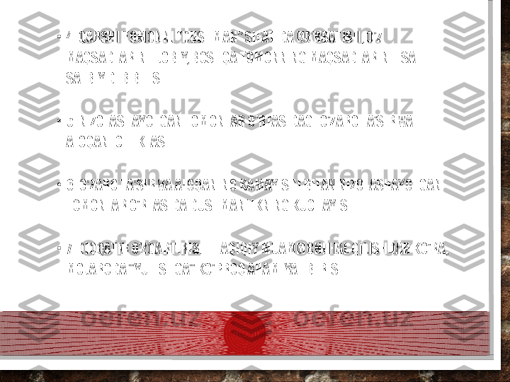 •
4. QARSHI TOMONNI “DUSHMAN” SIFATIDA KO‘RSATISH; O'Z 
MAQSADLARINI IJOBIY, BOSHQA TOMONNING MAQSADLARINI ESA 
SALBIY DEB BILISH.
•
5. NIZOLASHAYOTGAN TOMONLAR O'RTASIDAGI O'ZARO TA'SIR VA 
ALOQANI CHEKLASH.
•
6. O'ZARO TA'SIR VA ALOQANING KAMAYISHI BILAN NIZOLASHAYOTGAN 
TOMONLAR O'RTASIDA DUSHMANLIKNING KUCHAYISHI.
•
7. DIQQATNI O'ZGARTIRISH: HAQIQIY MUAMMONI HAL QILISHDAN KO'RA, 
MOJARODA "YUTISHGA" KO'PROQ AHAMIYAT BERISH.  