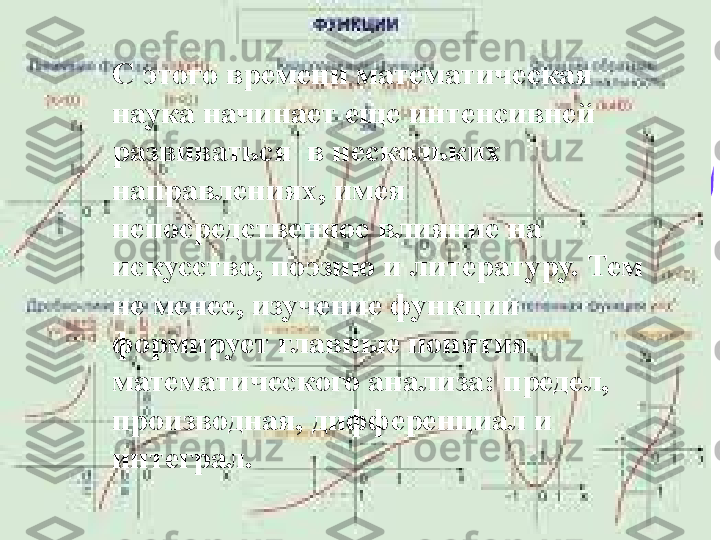 С этого времени математическая 
наука начинает еще интенсивней 
развиваться  в нескольких 
направлениях, имея 
непосредственное влияние на 
искусство, поэзию и литературу. Тем 
не менее, изучение функции 
формирует главные понятия 
математического анализа: предел, 
производная, дифференциал и 
интеграл. 