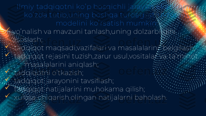 Ilmiy  tadqiqotni k o’ p bos qichli jaray on ek anligini 
k o’ zda tutib, uning bos hqa turdagi s truk turav iy  
modelini k o’ rs atis h mumk in:  

yo’nalish va mavzuni tanlash,uning dolzarbligini 
asoslash;        

  tadqiqot maqsadi,vazifalari va masalalarini  belgilash; 

  tadqiqot rejasini tuzish,zarur usul,vositalar va ta’minot    
       masalalarini aniqlash; 

  tadqiqotni o’tkazish; 

  tadqiqot jarayonini tavsiflash; 

  tadqiqot natijalarini muhokama qilish; 

  xulosa chiqarish,olingan natijalarni baholash.  