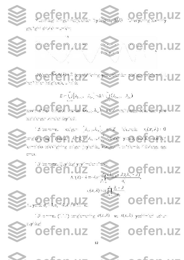 Yuqoridagi olingan natijalardan foydalanib,     - funksiyaning taxminiy
grafigini chizish mumkin:
Ushbu     tengsizlikning   yechimlaridan   tuzilgan   to’plamni   E
harfi bilan belgilasak, u holda
tasvir   o ‘ rinli   bo ‘ ladi.   Bunda     oraliqlarga   lakunalar   yoki
taqiqlangan zonalar deyiladi.
1.6-teorema.   Istalgan     lakunada  
tenglamaning     bittadan     ildizlari   yotadi,   bundan   tashqari
kompleks   tekisligining   qolgan   joylarida,   xususan   E   to ‘ plamda   ildizlarga   ega
emas.
1.7-teorema.  Quyidagi yoyilmalar o’rinli:
Bu yerda   bo’lsa.
1.2-lemma.   (1.1.1)   tenglamaning       va     yechimlari   uchun
quyidagi
12 