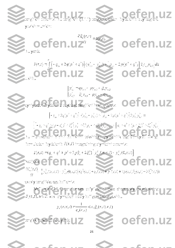 tenglikni   topamiz.   Bu   tenglikni   (2.1.1)   tenglamalardan   foydalanib   quyidagicha
yozish mumkin:        
Bu yerda
Ushbu 
ayniyatdan foydalanib quyidagi tenglikni hosil qilamiz:
Bu   munosabatni   o’rinli   bo’lishini   tekshirish   qiyinchilik   tug’dirmaydi.   Oxirgi
formuladan foydalanib   integralning qiymatini topamiz:
Natijada 
asosiy tenglikka ega bo’lamiz.
Ma’lumki   (2.1.4)   tenglamaga   qo’yilgan   Dirixle   chegaraviy   masalasining
 xos  qiymatlari oddiy bo’lgani uchun, ushbu
tenglik bajariladi. Bu yerda 
25 