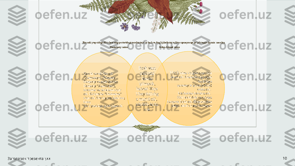  
Biz endi yuqoridagi ikki shaxsning portretidagi xarakterini o‘xshash va farqli jihatlarini ushbu organayzerga qo‘yib taqqoslaymiz: masalan,
Umarshaxy mirzo                                                 Sulton Ahmad mirzo        
Заголовок презентации 10Yaxshi savodi bor edi. 
“ Xamsatayn ”  (Nizomiy 
Ganjaviy va amir Xusrav 
Dehlaviy  “ Xamsa ” lari), 
dostonlar va tarixlarni o ’ qir 
edi. Ko ’ pincha  “ Shohnoma ”  
o ’ qir edi. She ’ riy iste ’ dodi bor,  
biroq 
she ’ r yozishga qunt qilmasdi. Hech  nima o ’ qigan emas,omi 
odam edi. Shaharda ulg ’ aygan 
bo ’ lishiga
  qaramay to ’ g ’ riso ’ z (turk)
  sodda edi. 
Iste ’ doddan bebahra edi. 
Odil kishi Ahd va so ’ ziga 
barqaroq kishi edi. Hargiz undan 
ahdga xilof ish yuz bermaganBesh vaqt 
namozni 
kanda 
qilmasdi, 
harzati Xoja 
Ubaydullohg
a murid edi,  
adolatli kishi 
edi 
