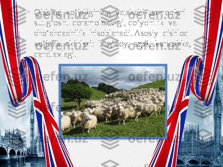 •
Qishloq  xo‘jaligining  yetakchi  tarmoqlari  
sut g‘osht  qoramolchiligi, qo‘ychilik  va  
cho‘chqachilik  hisoblanadi. Asosiy  qishloq  
xo‘jalik  ekinlari:  bug‘doy,  arpa,  kartoshka,  
qandlavlagi.   