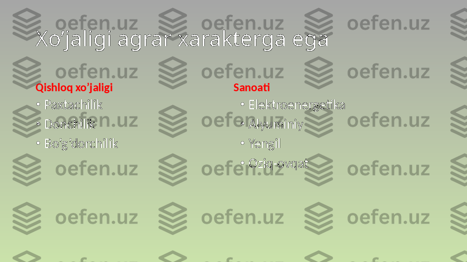 Xo’jaligi agrar xarakterga ega
Qishloq xo’jaligi
•
Paxtachilik
•
Donchilik
•
Bo’g’dorchilik Sanoati
•
Elektroenergetika
•
Alyuminiy
•
Yengil
•
Oziq-ovqat 