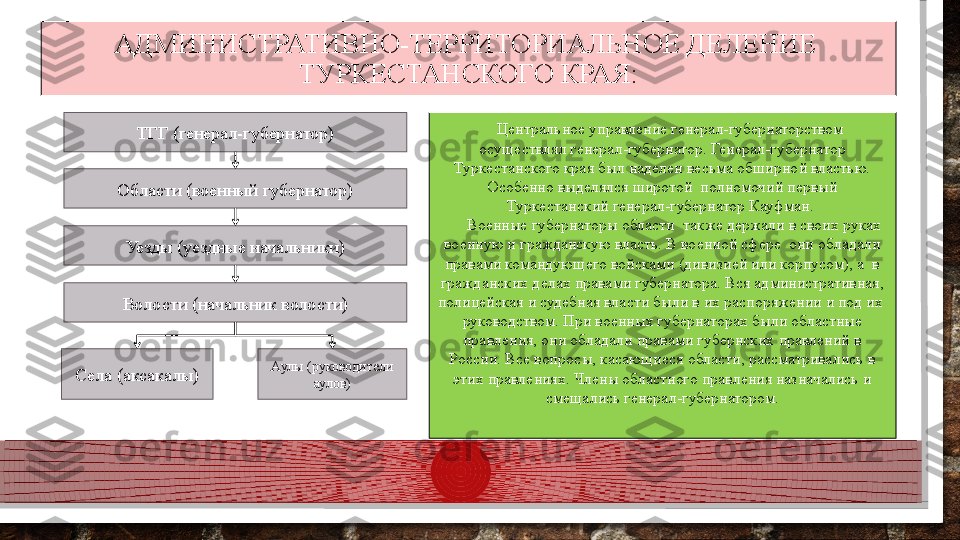 АДМИНИСТРАТИВНО-ТЕРРИТОРИАЛЬНОЕ ДЕЛЕНИЕ  
ТУРКЕСТАНСКОГО КРАЯ:
ТГГ (генерал-губернатор)
Области (военный губернатор)
Уезды (уездные начальники)
Волости (начальник волости)
Села (аксакалы) Аулы (руководители 
аулов)       Центральное управление генерал-губернаторством 
осуществлял генерал-губернатор. Генерал-губернатор 
Туркестанского края был наделен весьма обширной властью. 
Особенно выделялся широтой  полномочий первый 
Туркестанский генерал-губернатор Кауфман. 
       Военные губернаторы области  также держали в своих руках 
военную и гражданскую власть. В военной сфере  они обладали 
правами командующего войсками (дивизией или корпусом), а  в 
гражданских делах правами губернатора. Вся административная, 
полицейская и судебная власти были в их распоряжении и под их  
руководством. При военных губернаторах были областные 
правления, они обладали правами губернских правлений в 
России. Все вопросы, касающиеся области, рассматривались в 
этих правлениях. Члены областного правления назначались и 
смещались генерал-губернатором.  