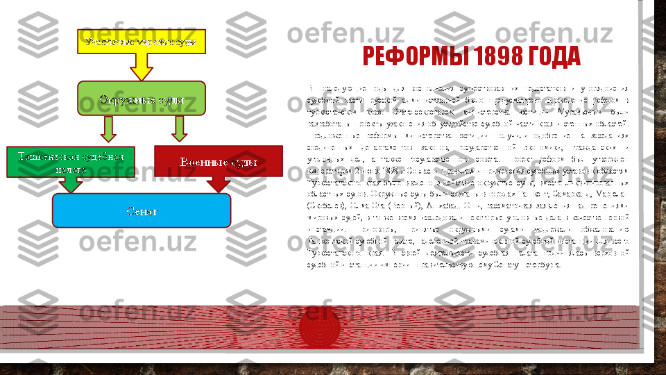 РЕФОРМЫ 1898 ГОДА
В  последующие  годы  для  восполнения  существовавших  недостатков  и  упорядочения 
судебной  части  русской  администрацией  было  предусмотрено  проведение  реформ  в 
туркестанском  крае.  Статс-секретарем  министерства  юстиции  Муравьевым  были 
разработаны  проекты  узаконения  об  устройстве  судебной  части  края  и  степных  областей. 
Предложенные  реформы  министерства  юстиции  получили  одобрение  на  заседаниях 
соединенных  департаментов  законов,  государственной  экономики,  гражданских  и 
уголовных  дел,  а  также  государственного  совета.  Проект  реформ  был  утвержден 
императором 2 июня 1898 г. Согласно правилам и применения судебных уставов к областям 
Туркестанского  края  было  введено  в  действие  окружные  суды,  вместо  ликвидированных 
областных  судов.  Окружные  суды  были  созданы  в  городах  Ташкент,  Самарканд,  Маргелан 
(Скобелев),  Олма-Ота  (Верный),  Ашхабад.  Оши,  рассматривая  заявления  над  решениями 
мировых  судей,  в  то  же  время  исследовали  некоторые  уголовные  дела  в  качестве  первой 
инстанции.  Приговоры,  принятые  окружными  судами  подлежали  обжалованию 
Ташкентской  судебной  палате,  наделенной  правами  главной  судебной  инстанции  для  всего 
Туркестанского  края.  В  своей  деятельности  судебная  палата  подчинялась  верховной 
судебной инстанции империи - правительствующему Сенату Петербурга.Участковые мировые суды 
Окружные суды
Ташкентская судебная 
палата Военные суды
Сенат  