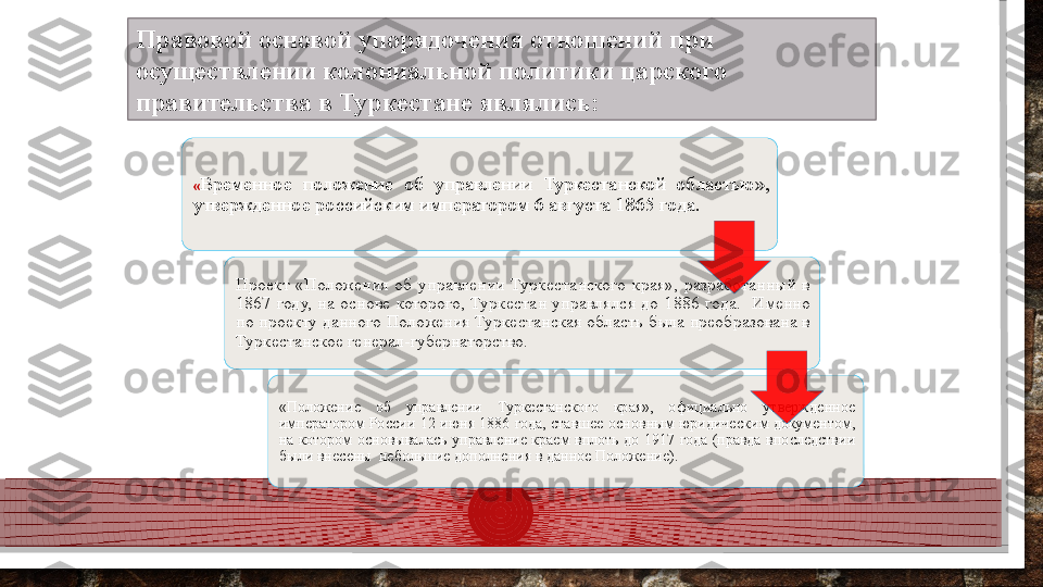 Правовой основой упорядочения отношений при 
осуществлении колониальной политики царского 
правительства в Туркестане являлись:
« Временное  положение  об  управлении  Туркестанской  областью», 
утвержденное российским императором 6 августа 1865 года.
Проект  «Положения  об  управлении  Туркестанского  края»,  разработанный  в 
1867  году,  на  основе  которого,  Туркестан  управлялся  до  1886  года.    Именно 
по проекту данного Положения Туркестанская область была преобразована в 
Туркестанское генерал-губернаторство. 
«Положение  об  управлении  Туркестанского  края»,  официально  утвержденное 
императором  России  12  июня  1886 года, ставшее  основным юридическим документом, 
на  котором  основывалась  управление  краем  вплоть  до  1917  года  (правда  впоследствии 
были внесены  небольшие дополнения в данное Положение).    