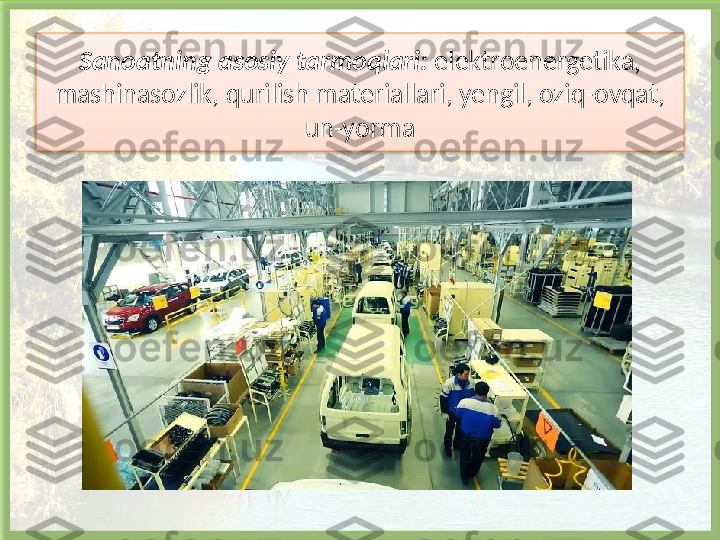 Sanoatning asosiy tarmoqlari:  elektroenergetika, 
mashinasozlik, qurilish materiallari, yengil, oziq-ovqat, 
un-yorma   