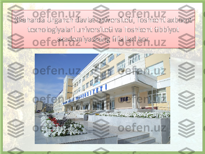 Shaharda Urganch davlat universiteti, Toshkent axborot 
texnologiyalari universiteti va Toshkent tibbiyot 
akademiyasining filiallari bor.   