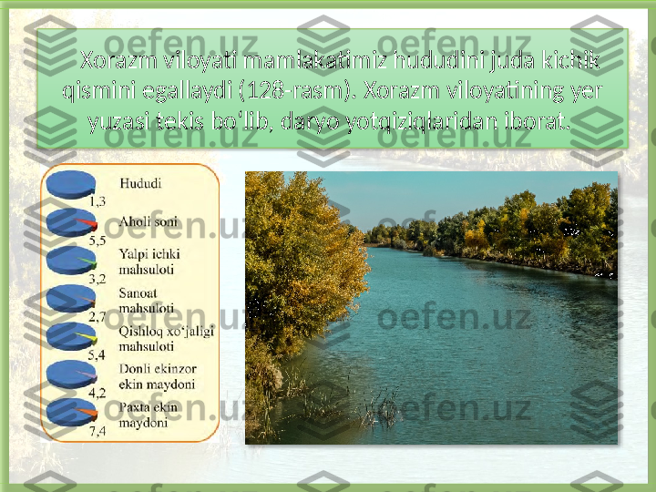 Xorazm viloyati mamlakatimiz hududini juda kichik 
qismini egallaydi (128-rasm). Xorazm viloyatining yer 
yuzasi tekis bo‘lib, daryo yotqiziqlaridan iborat.     