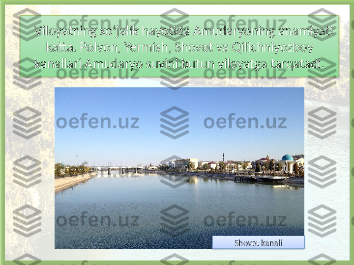 Viloyatning xo‘jalik hayotida Amudaryoning ahamiyati 
katta. Polvon, Yermish, Shovot va Qilichniyozboy 
kanallari Amudaryo suvini butun viloyatga tarqatadi .
Shovot kanali    