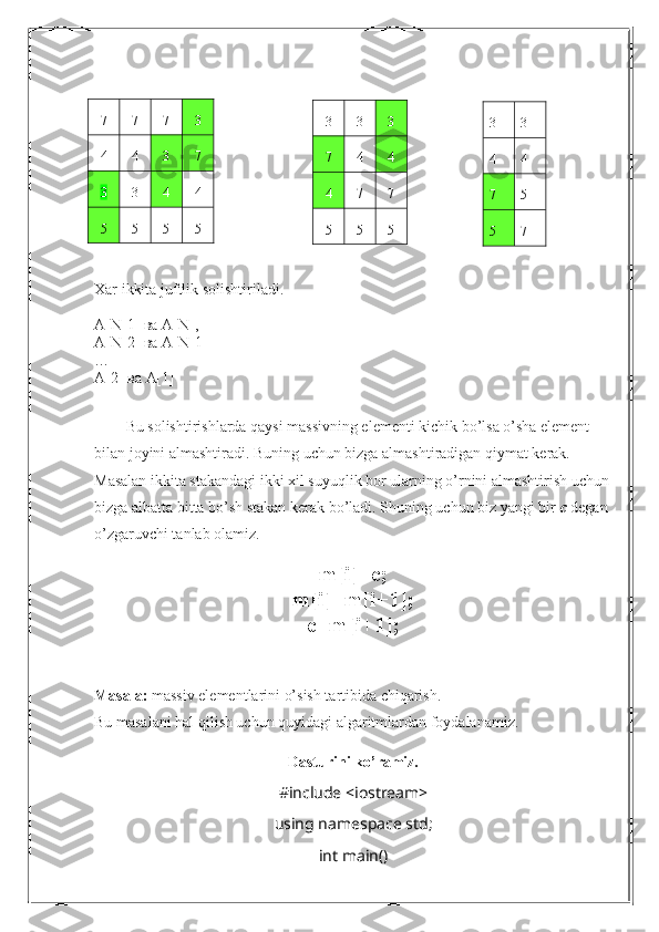 Xar ikkita juftlik solishtiriladi.
A[N-1]  ва  A[N],
A[N-2]  ва  A[N-1]
…
A[2]  ва  A[1]
Bu solishtirishlarda qaysi massivning elementi kichik bo’lsa o’sha element 
bilan joyini almashtiradi. Buning uchun bizga almashtiradigan qiymat kerak. 
Masalan ikkita stakandagi ikki xil suyuqlik bor ularning o’rnini almashtirish uchun
bizga albatta bitta bo’sh stakan kerak bo’ladi. Shuning uchun biz yangi bir  c  degan 
o’zgaruvchi tanlab olamiz.
m[i]=c;
m[i]=m[i+1];
c=m[i+1];
Masala:  massiv elementlarini o’sish tartibida chiqarish.
Bu masalani hal qilish uchun quyidagi algaritmlardan foydalanamiz.
Dasturini ko’ramiz.
#include <iostream>
using namespace std;
int main()7 7 7 3
4 4 3 7
3 3 4 4
5 5 5 5 3 3
4 4
7 5
5 73 3 3
7 4 4
4 7 7
5 5 5 