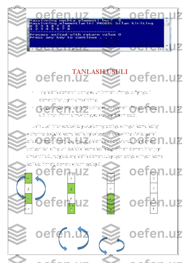 TANLASH USULI
•  Eng kichik elementni toping va uni birinchi o ringa qo ying.a[1]‟ ‟
 element bilan joyini almashtiring.
•  Qolganlaridan eng kichigini toping va uni ikkinchi o ringa qo ying	
‟ ‟
 a[2] binan o rnini almashtirng,va shunday davom etadi.	
‟
Ushbu usil bilan saralashda yozuvlarning tartibga solingan ketma-ketligi
xotiraning dastlabki ketma-ketlik joylashgan uchastkasining o’zida tashkil
etiladi. Birinchi o’tish davomida eng kichik element izlanadi. Bu element
topilganidan so’ng uni dastlabki ketme-ketlikdagi birinchi element bilan joyi
almashtililadi, natiyjada eng kichik element tulayotgan tartiga solingan ketme
ketlikda birinchi element xolatini egalaydi. 
 
              6 
5
3
4 3
5
6
4 3
4
5
63
4
6
5 