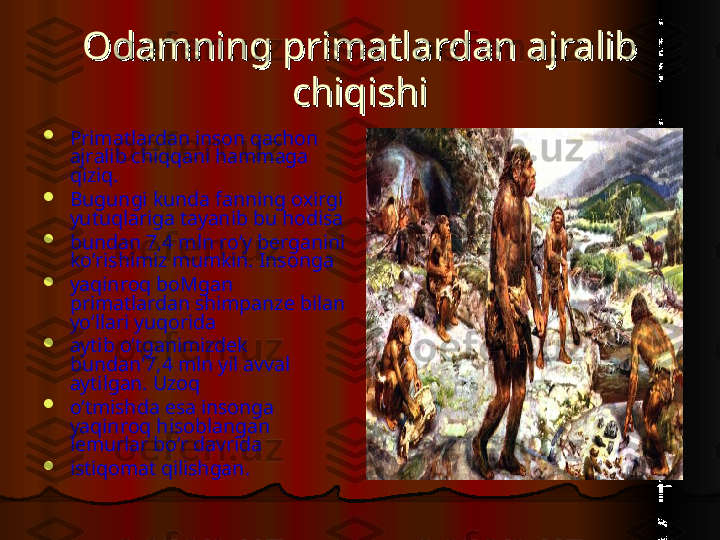 Odamning primatlardan ajralib Odamning primatlardan ajralib 
chiqishichiqishi

Primatlardan inson qachon 
ajralib chiqqani hammaga 
qiziq.

Bugungi kunda fanning oxirgi 
yutuqlariga tayanib bu hodisa

bundan 7,4 mln ro‘y berganini 
ko‘rishimiz mumkin. Insonga

yaqinroq boMgan 
primatlardan shimpanze bilan 
yo‘llari yuqorida

aytib o‘tganimizdek 
bundan'7,4 mln yil avval 
aytilgan. Uzoq

o‘tmishda esa insonga 
yaqinroq hisoblangan 
lemurlar bo‘r davrida

istiqomat qilishgan.  