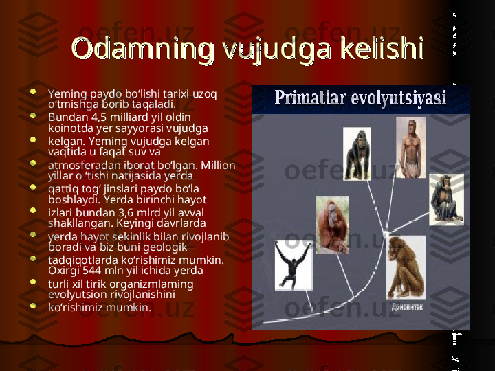 Odamning vujudga kelishiOdamning vujudga kelishi

Yeming paydo bo‘lishi tarixi uzoq 
o‘tmishga borib taqaladi.

Bundan 4,5 milliard yil oldin 
koinotda yer sayyorasi vujudga

kelgan. Yeming vujudga kelgan 
vaqtida u faqat suv va

atmosferadan iborat bo‘lgan. Million 
yillar o ‘tishi natijasida yerda

qattiq tog‘ jinslari paydo bo‘la 
boshlaydi. Yerda birinchi hayot

izlari bundan 3,6 mlrd yil avval 
shakllangan. Keyingi davrlarda

yerda hayot sekinlik bilan rivojlanib 
boradi va biz buni geologik

tadqiqotlarda ko‘rishimiz mumkin. 
Oxirgi  544  mln yil ichida yerda

turli xil tirik organizmlaming 
evolyutsion rivojlanishini

ko‘rishimiz mumkin.  