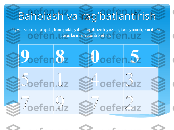 Baholash va rag’batlantirish
Uyga  vazifa:  o’qish, konspekt, yillar topib izoh yozish, test yasash, xarita va 
rasmlarni o’rganib kelish.
9 8 0   5
5 1 4 3
7 9 7 2   