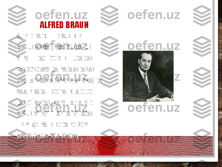 ALFRED BRAUN
ALFRED  RADKLIFF  BRAUN  KEM- 
BRIJ  UNIVERSITETIDA  O‘QIGAN.  UNI- 
VERSITETDAGI  O‘QISHNI  TUGATGAN- 
DAN SO‘NG AVSTRALIYADA ANDAMAN 
OROLLARIDAGI  ABORIGENLAR  ORASIDA 
VA AFRIKADA ETNOGRAFIK TADQIQOT 
LAR  O‘TKAZGAN.  KAPSHTADTA,  SID
 
NEY  UNIVERSITETLARIDA  ISHLAGAN. 
ILMIY FAOLIYATINING OXIRGI 20 YILI- 
NI OKSFORDDA OLIB BORGAN  